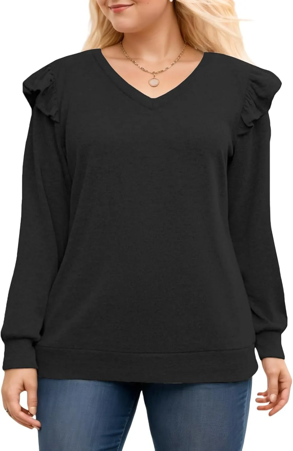 Womens-Plus-Size-Dressy-Tops Trendy V Neck Shirts Cute Ruffle Long Sleeve Blouses Casual Loose Fit Tunics XL-5XL