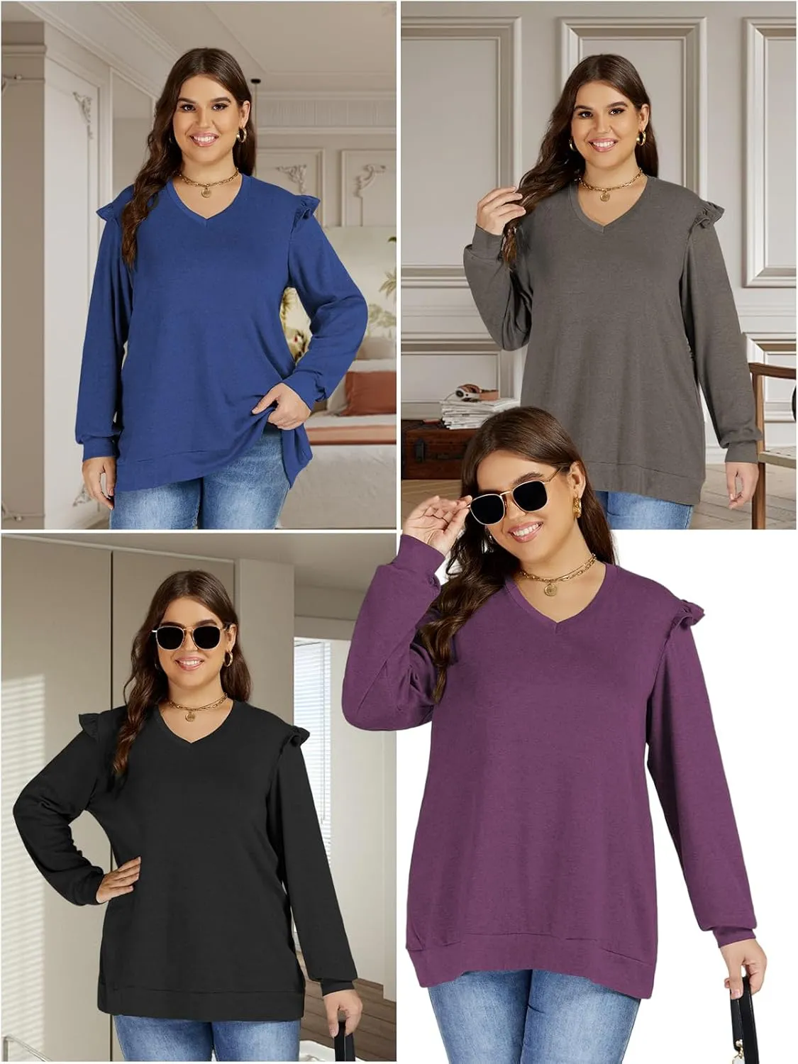Womens-Plus-Size-Dressy-Tops Trendy V Neck Shirts Cute Ruffle Long Sleeve Blouses Casual Loose Fit Tunics XL-5XL
