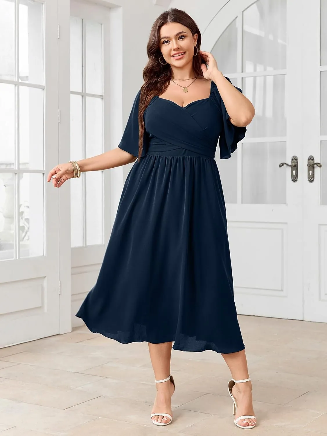 Women's Plus Size Midi Dress Sweetheart Neck Short Sleeve Wedding Guest Cocktail A Line Flowy Dress