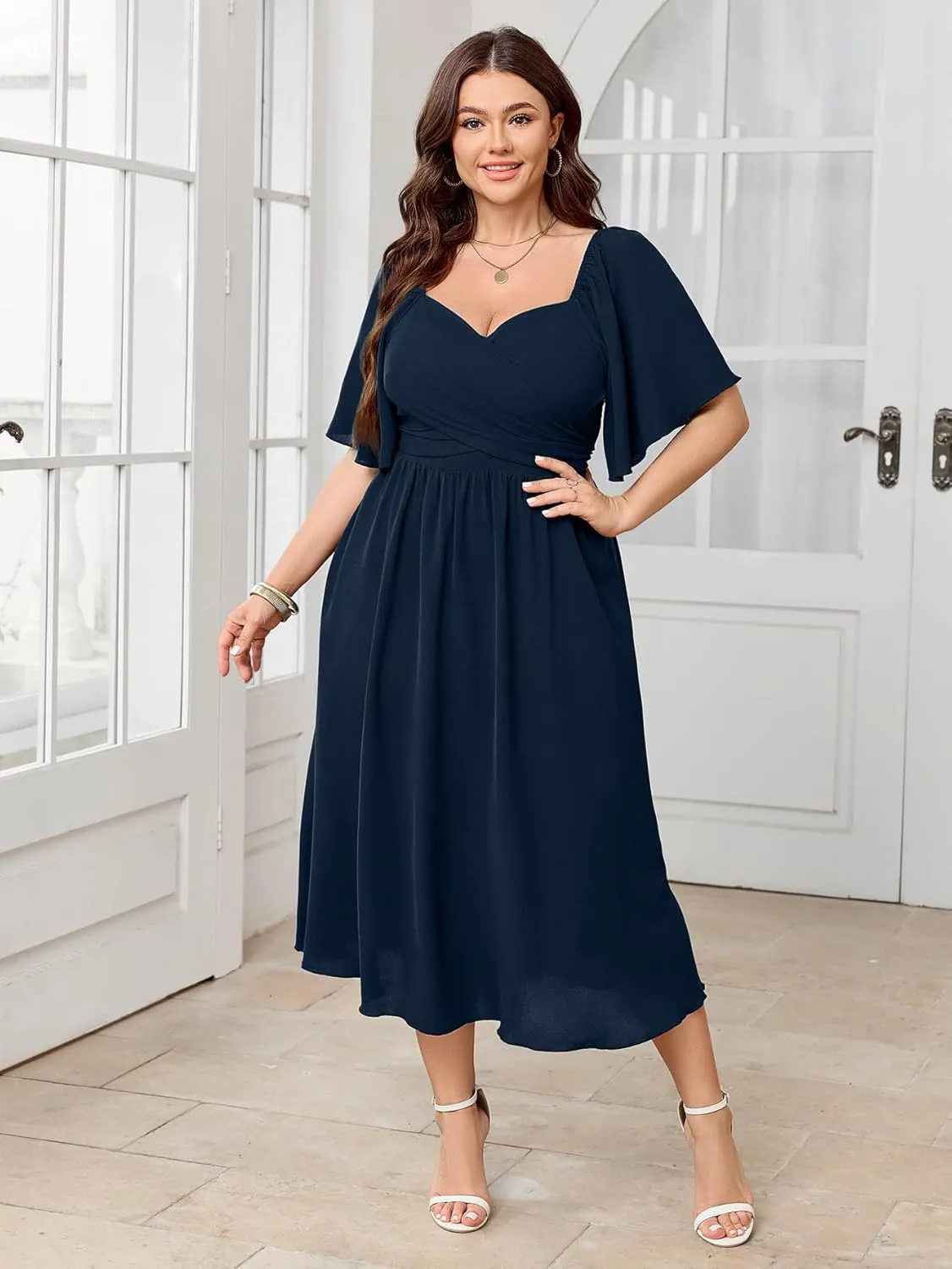 Women's Plus Size Midi Dress Sweetheart Neck Short Sleeve Wedding Guest Cocktail A Line Flowy Dress