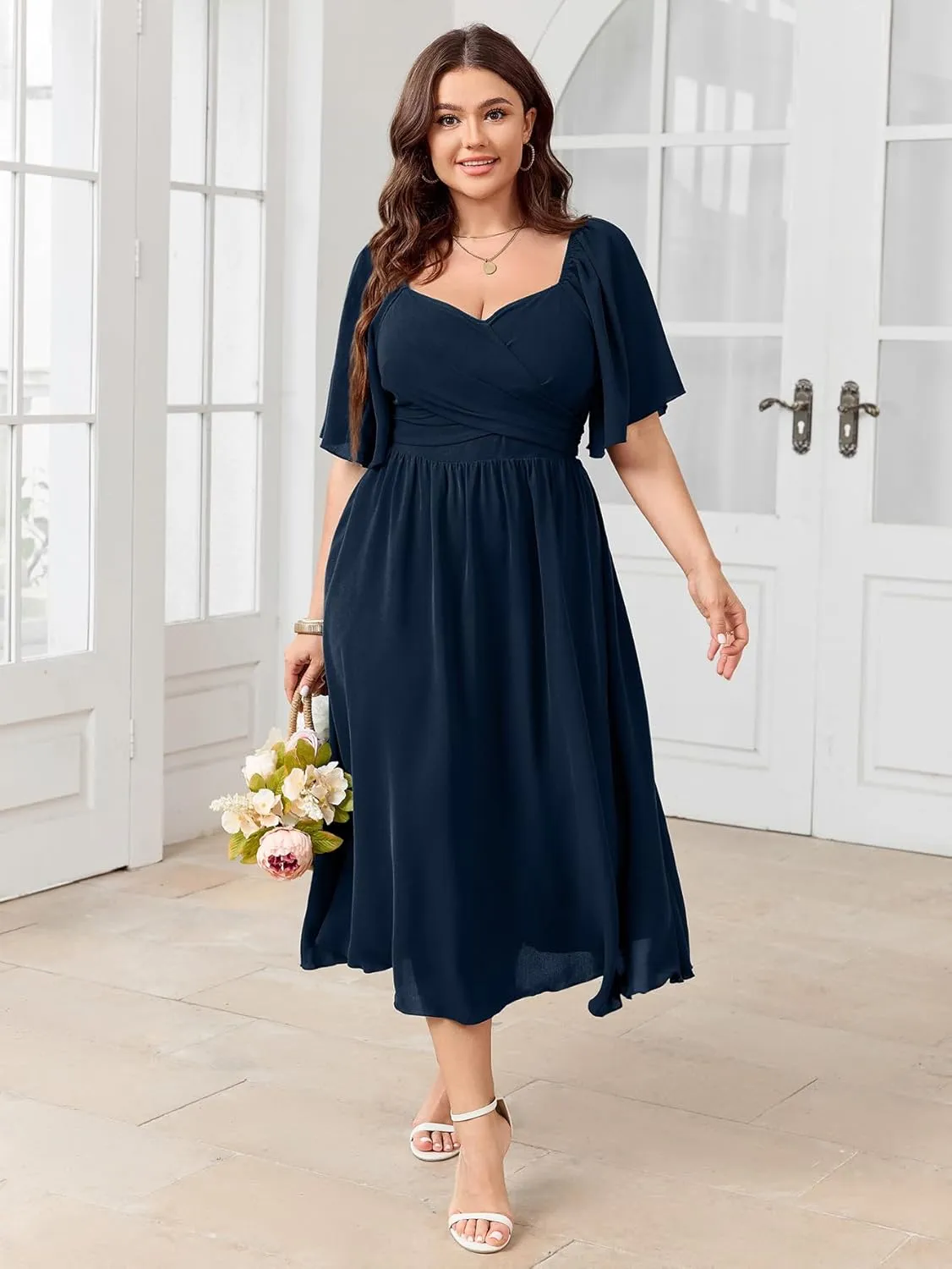 Women's Plus Size Midi Dress Sweetheart Neck Short Sleeve Wedding Guest Cocktail A Line Flowy Dress
