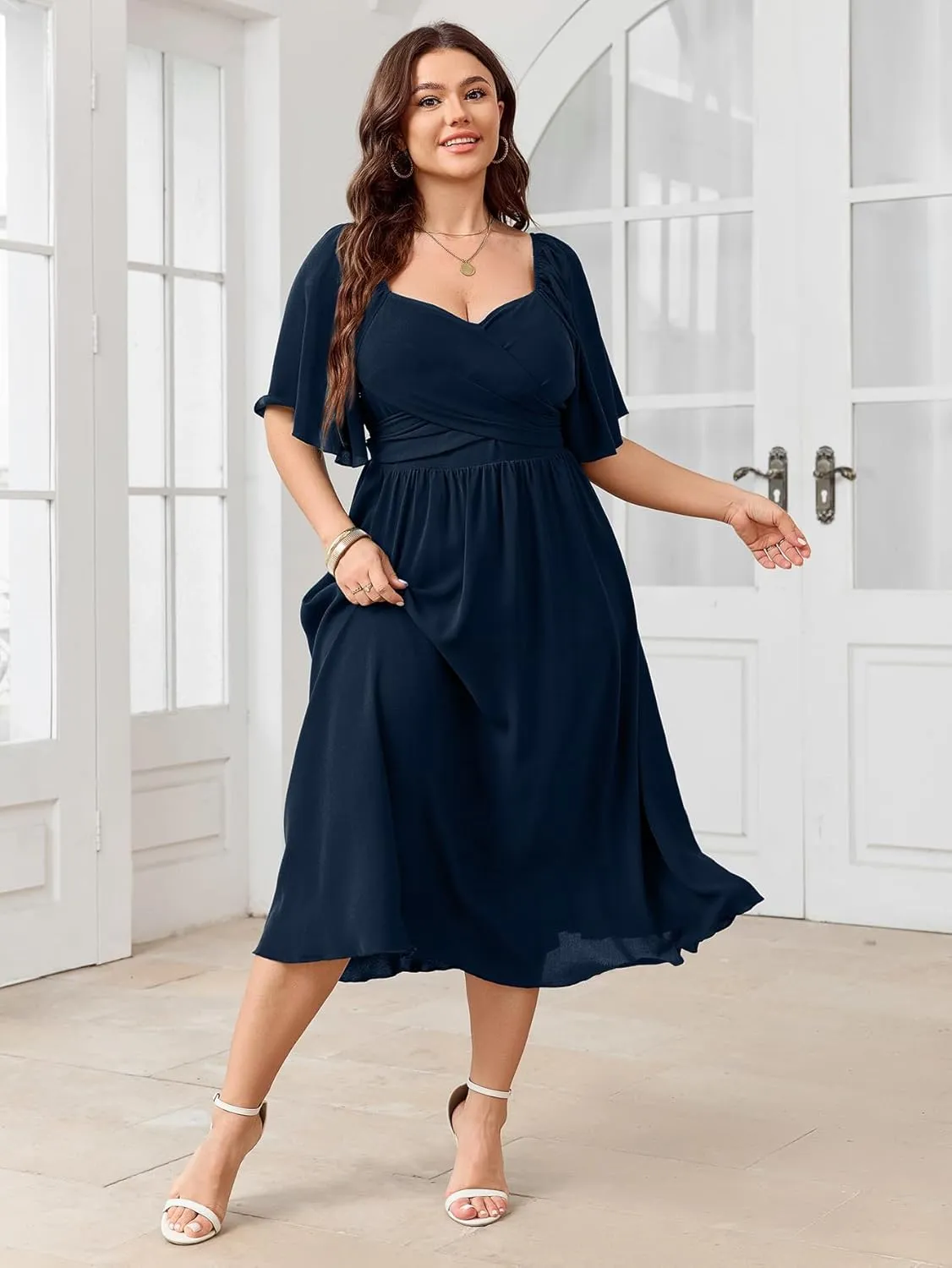 Women's Plus Size Midi Dress Sweetheart Neck Short Sleeve Wedding Guest Cocktail A Line Flowy Dress