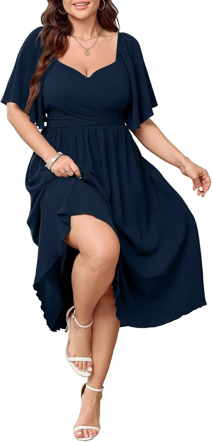 Women's Plus Size Midi Dress Sweetheart Neck Short Sleeve Wedding Guest Cocktail A Line Flowy Dress