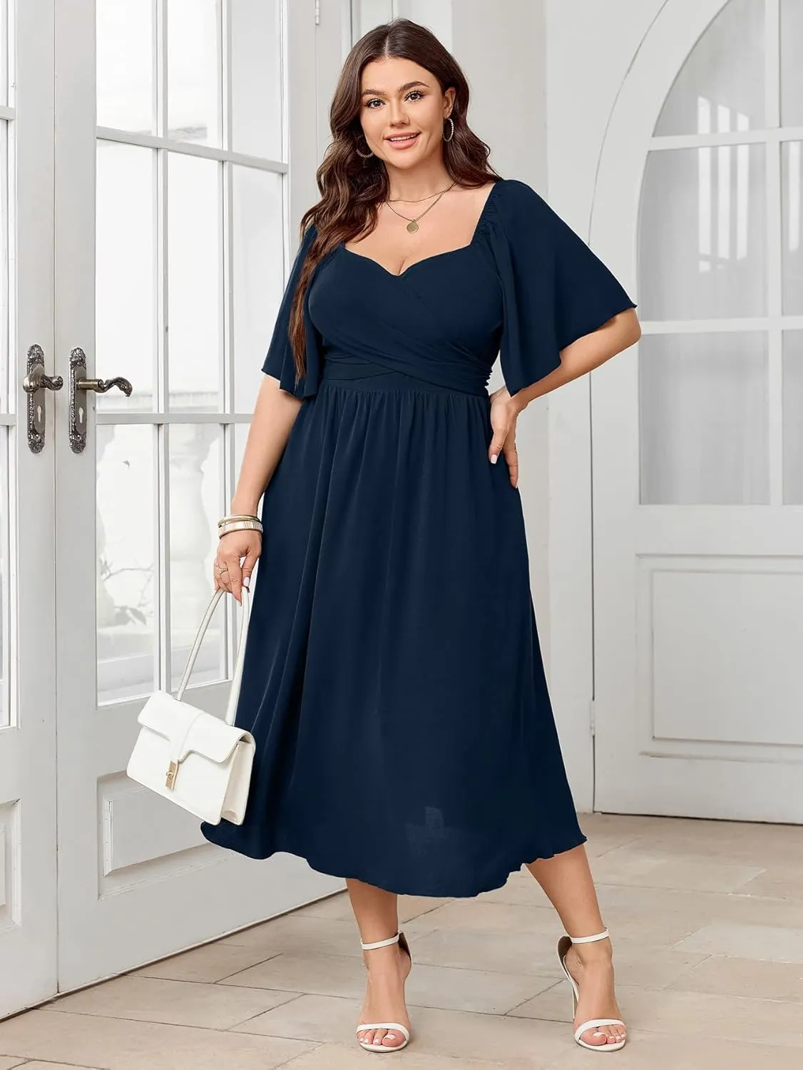 Women's Plus Size Midi Dress Sweetheart Neck Short Sleeve Wedding Guest Cocktail A Line Flowy Dress