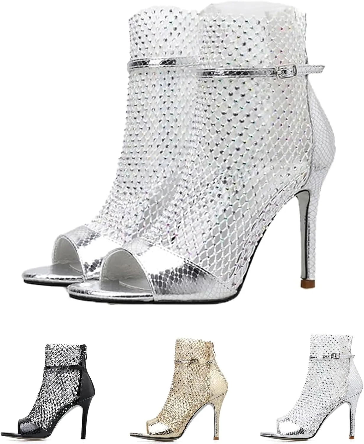 Women's Rhinestone Peep Toe Mesh Stilettos Ankle Boots Back Zip Peep Toe Metallic Fishnet Sandals Summer Boots Sandals