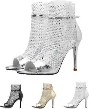 Women's Rhinestone Peep Toe Mesh Stilettos Ankle Boots Back Zip Peep Toe Metallic Fishnet Sandals Summer Boots Sandals