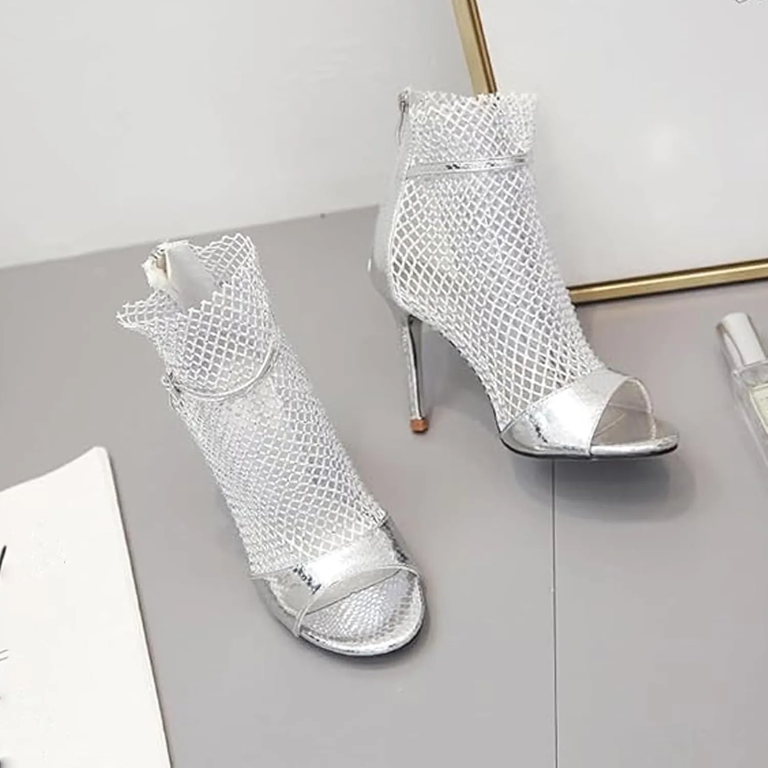 Women's Rhinestone Peep Toe Mesh Stilettos Ankle Boots Back Zip Peep Toe Metallic Fishnet Sandals Summer Boots Sandals