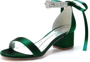 Women's Rhinestones Block Heels Satin Wedding Shoes for Bride Low Heels Comfortable Bridal Shoes White Heels Chunky Formal Evening Party Prom Sandals Pumps