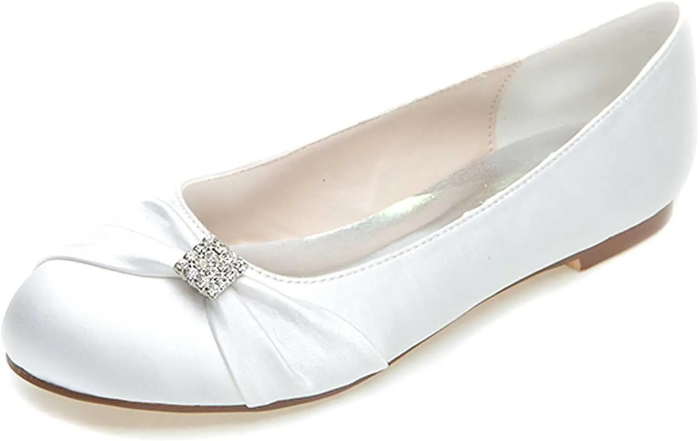 Women's Round Toe Satin Flats with Rhinestone Detail, Comfortable Dress Shoes for Wedding, Bridal, & Everyday Wear - Slip-On Pumps & Sandals