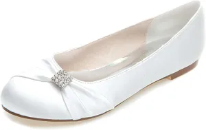 Women's Round Toe Satin Flats with Rhinestone Detail, Comfortable Dress Shoes for Wedding, Bridal, & Everyday Wear - Slip-On Pumps & Sandals