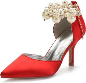 Women's Sandal 8CM High Heels Beaded Bowknot Strap Bridal Wedding Shoes Satin Stiletto Pump Elegant Formal Women's Sandal Pointed Toe,Red,11