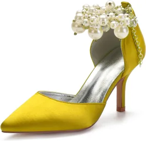 Women's Sandal 8CM High Heels Beaded Bowknot Strap Bridal Wedding Shoes Satin Stiletto Pump Elegant Formal Women's Sandal Pointed Toe,Yellow,7