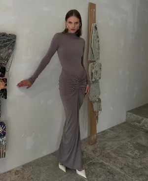 Womens Sexy Maxi Dress Long Sleeve Ruched Bodycon Turtleneck Club Party Casual Wedding Dresses