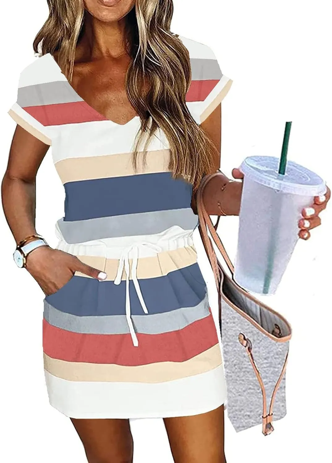 Womens Short Sleeve Casual Sun Dress V-Neck Tie Waist Beach Dresses Comfortable Trendy Clothes