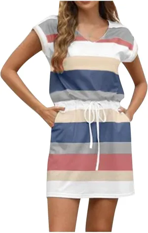 Womens Short Sleeve Casual Sun Dress V-Neck Tie Waist Beach Dresses Comfortable Trendy Clothes