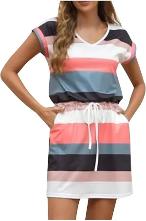 Womens Short Sleeve Casual Sun Dress V-Neck Tie Waist Beach Dresses Comfortable Trendy Clothes