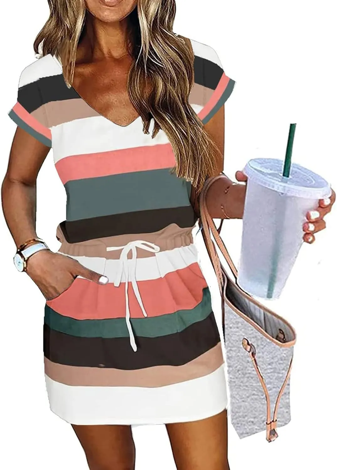 Womens Short Sleeve Casual Sun Dress V-Neck Tie Waist Beach Dresses Comfortable Trendy Clothes