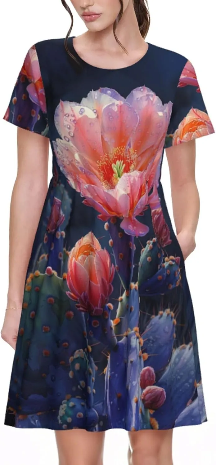 Women's Short Sleeve Round Neck Starry Night Sky Santa Claus Print A-Line Summer Casual Dress with Pockets,