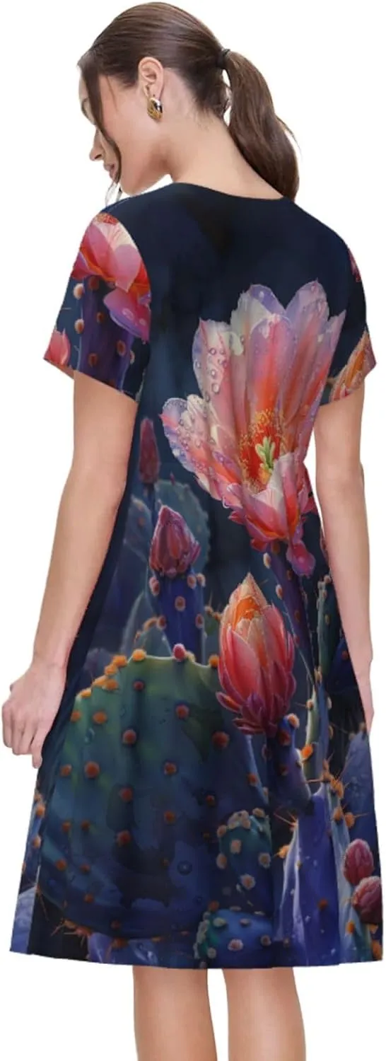 Women's Short Sleeve Round Neck Starry Night Sky Santa Claus Print A-Line Summer Casual Dress with Pockets,