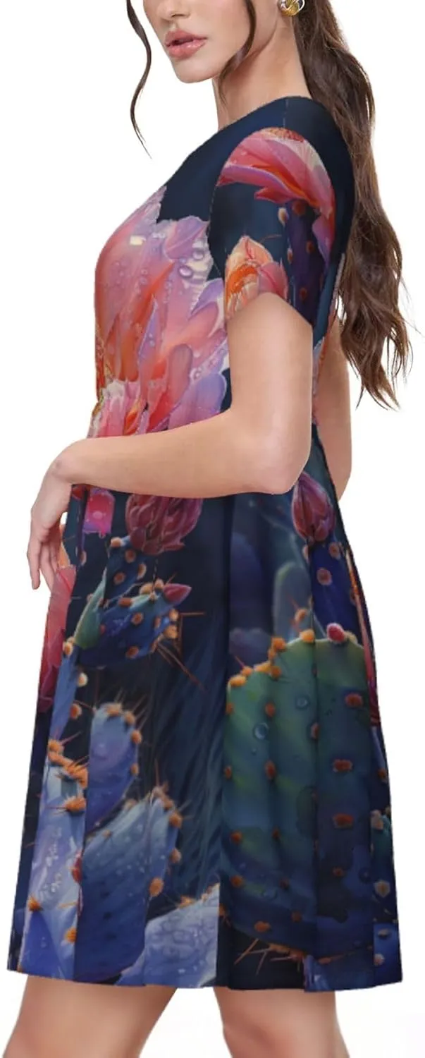 Women's Short Sleeve Round Neck Starry Night Sky Santa Claus Print A-Line Summer Casual Dress with Pockets,