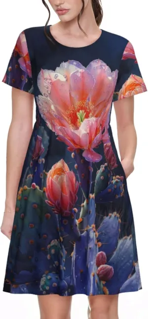 Women's Short Sleeve Round Neck Starry Night Sky Santa Claus Print A-Line Summer Casual Dress with Pockets,