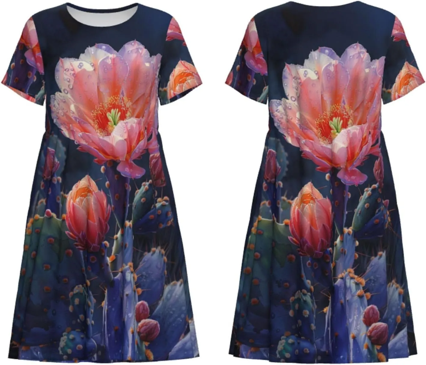 Women's Short Sleeve Round Neck Starry Night Sky Santa Claus Print A-Line Summer Casual Dress with Pockets,