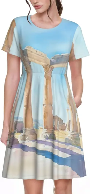 Women's Short Sleeve Round Neck Two Cute red Birds Print A-Line Summer Casual Dress with Pockets,