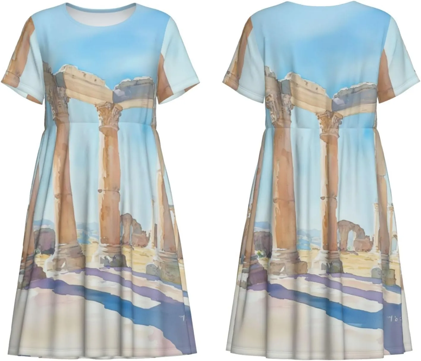 Women's Short Sleeve Round Neck Two Cute red Birds Print A-Line Summer Casual Dress with Pockets,