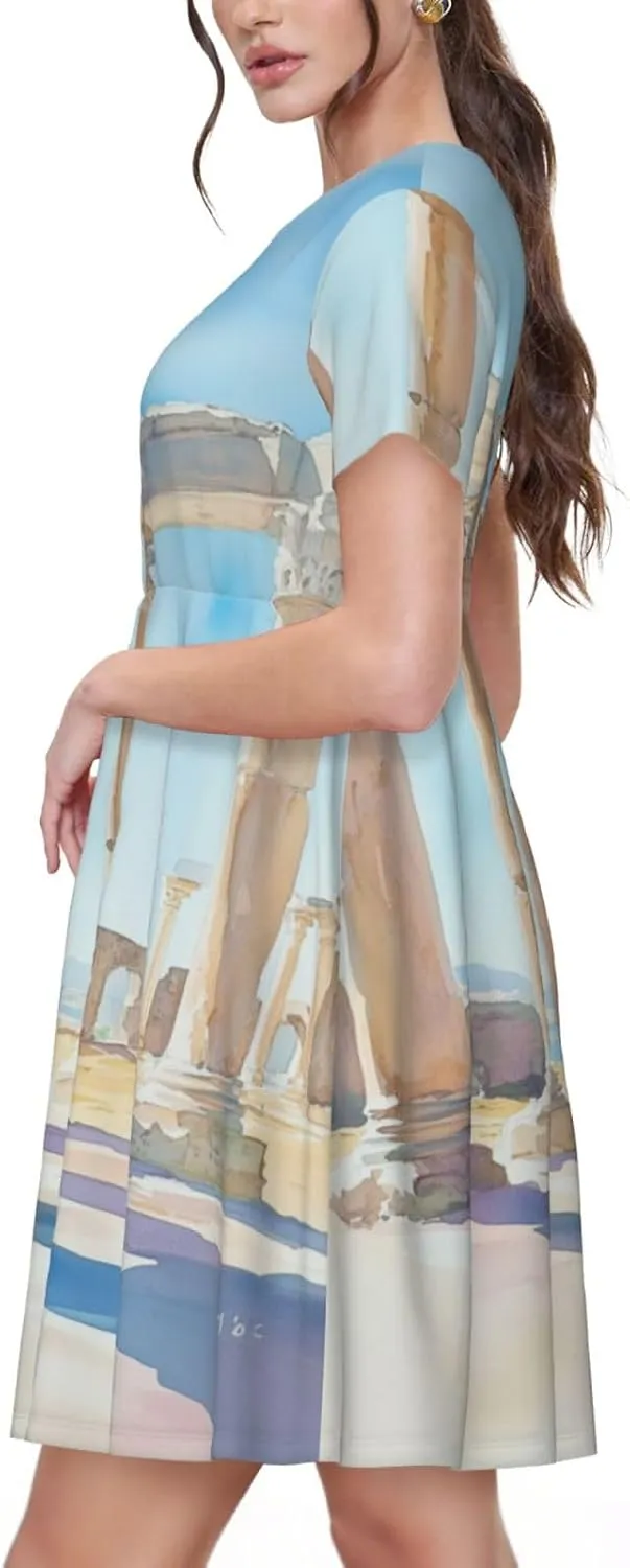Women's Short Sleeve Round Neck Two Cute red Birds Print A-Line Summer Casual Dress with Pockets,