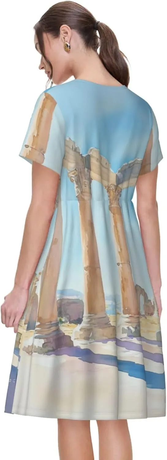 Women's Short Sleeve Round Neck Two Cute red Birds Print A-Line Summer Casual Dress with Pockets,