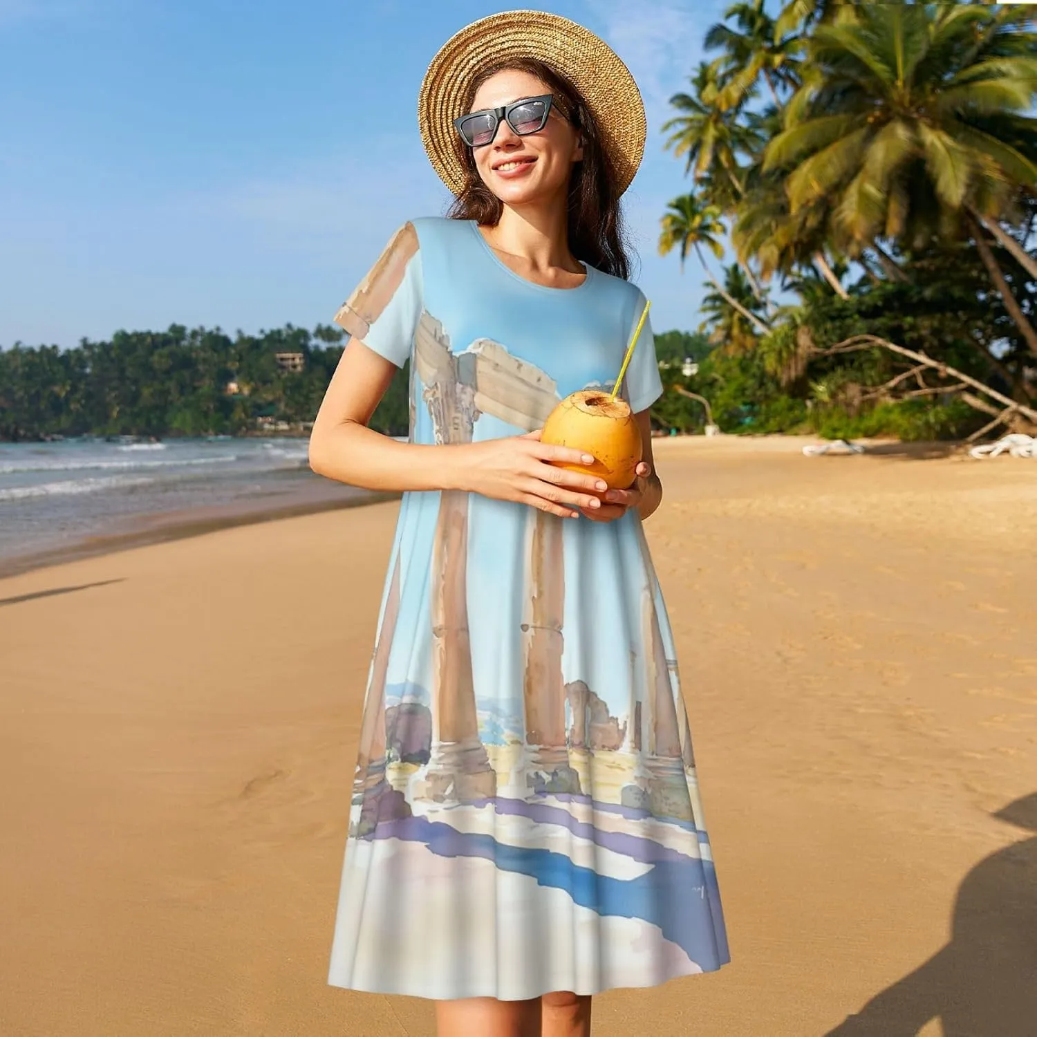 Women's Short Sleeve Round Neck Two Cute red Birds Print A-Line Summer Casual Dress with Pockets,
