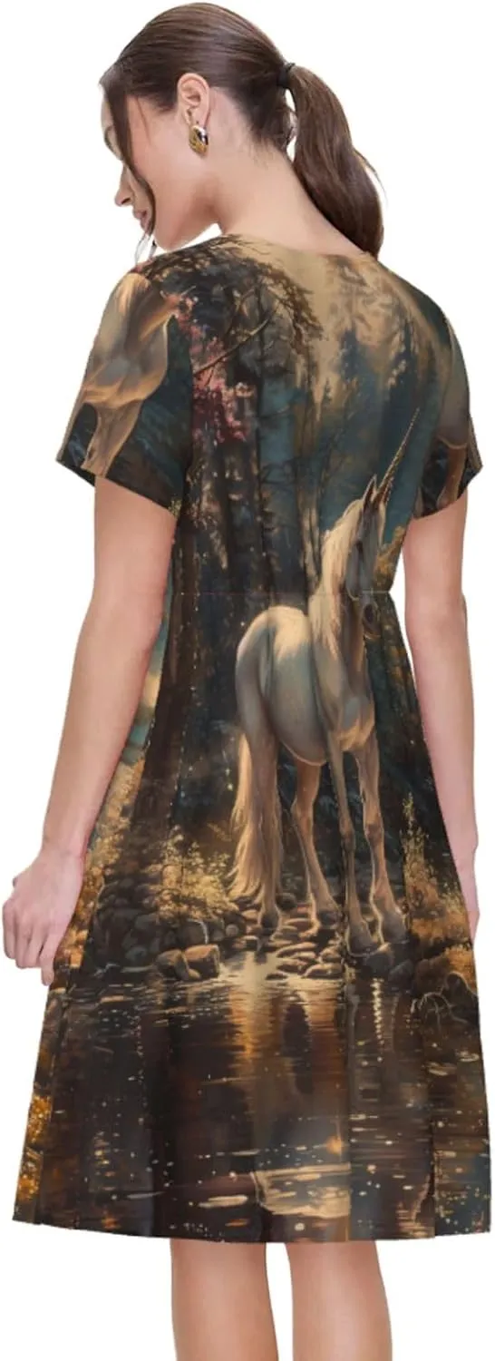 Women's Short Sleeve Round Neck Unicorn Print A-Line Summer Casual Dress with Pockets,
