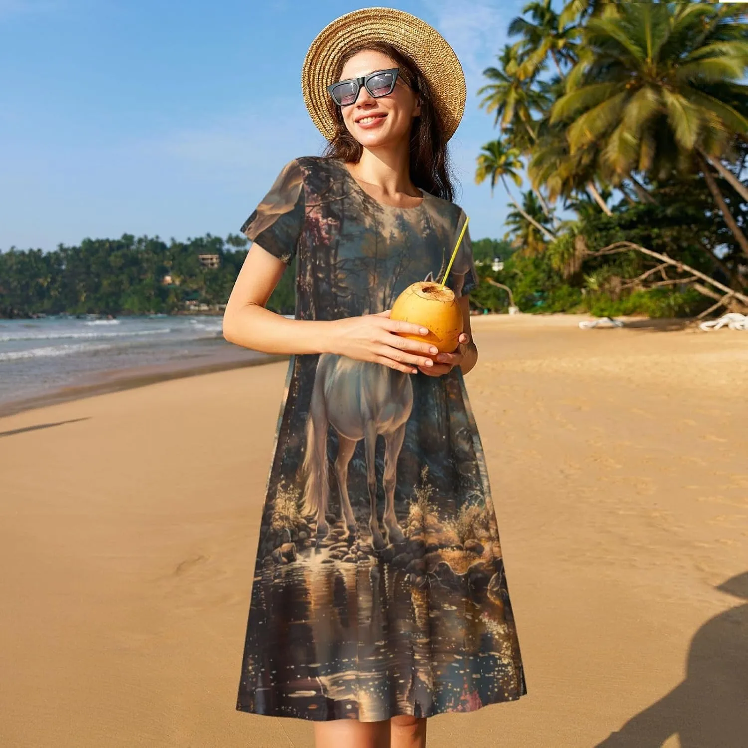 Women's Short Sleeve Round Neck Unicorn Print A-Line Summer Casual Dress with Pockets,
