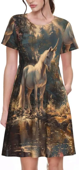 Women's Short Sleeve Round Neck Unicorn Print A-Line Summer Casual Dress with Pockets,