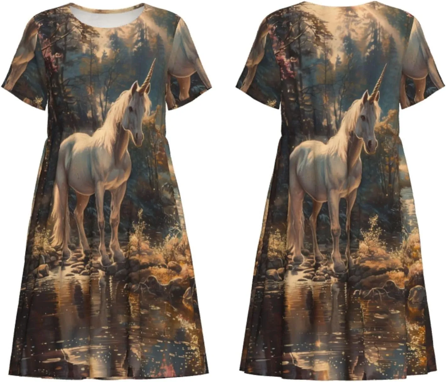 Women's Short Sleeve Round Neck Unicorn Print A-Line Summer Casual Dress with Pockets,