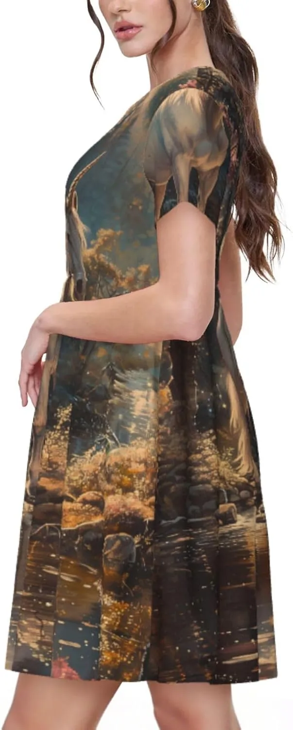 Women's Short Sleeve Round Neck Unicorn Print A-Line Summer Casual Dress with Pockets,