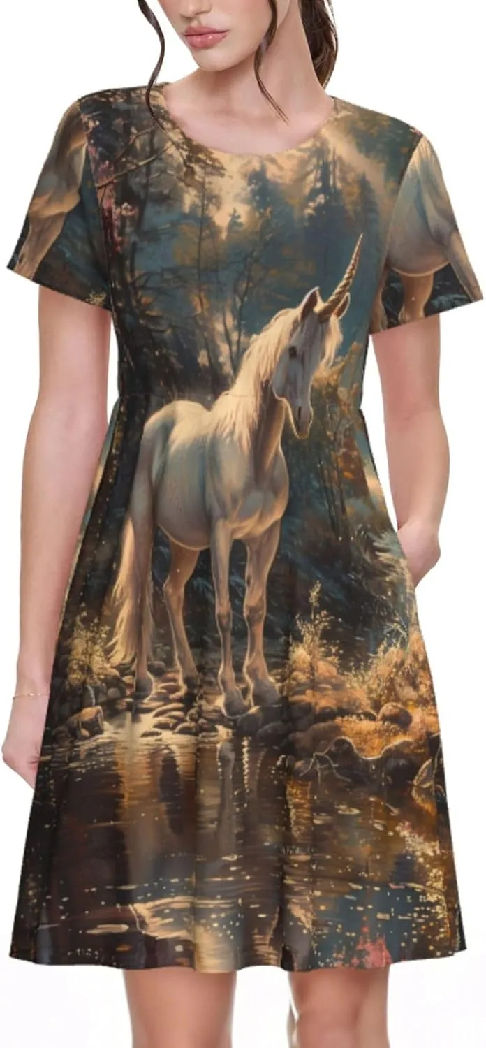 Women's Short Sleeve Round Neck Unicorn Print A-Line Summer Casual Dress with Pockets,