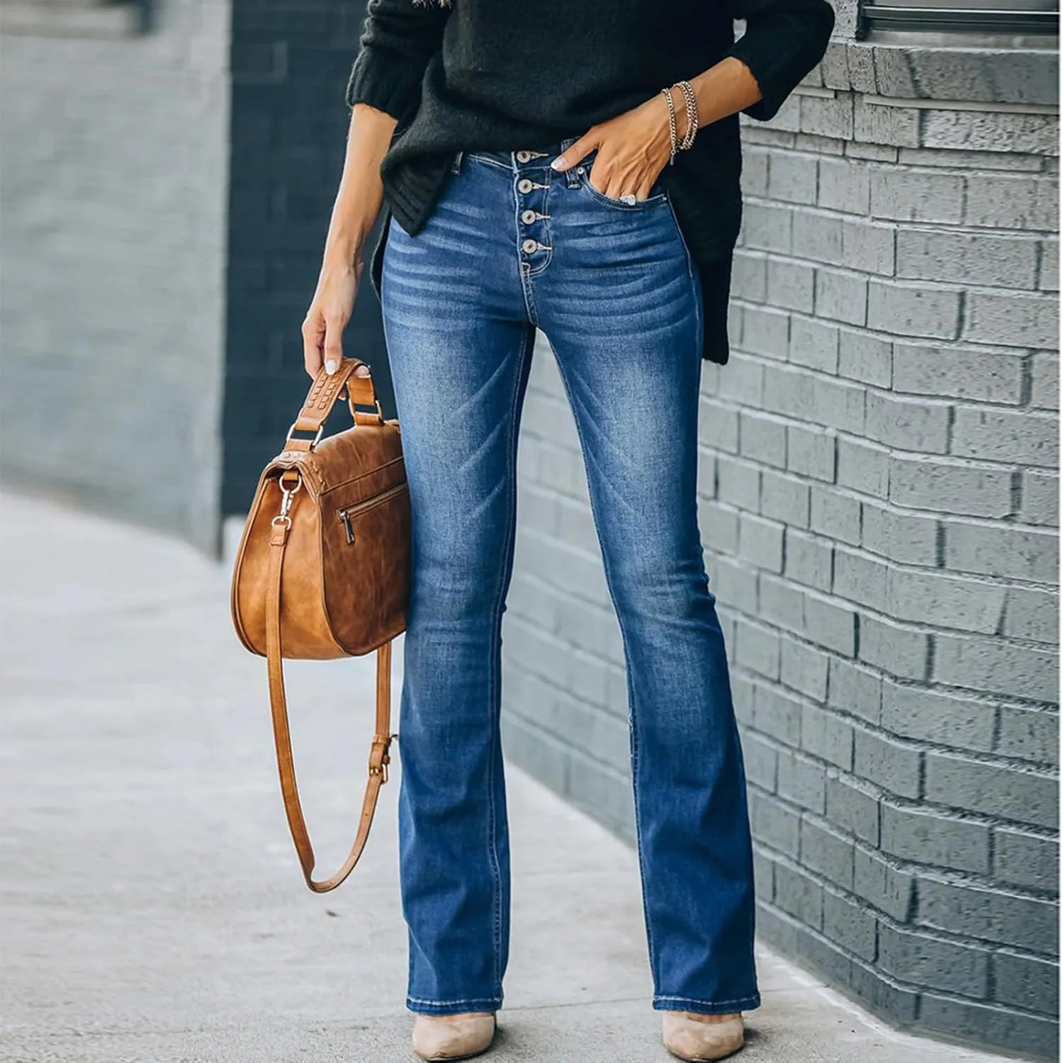 Women's Slimming Flared Jeans with Multi Buttons High Waisted Pockets Stylish Denim Pants 2024 Trendy Comfort Jeans