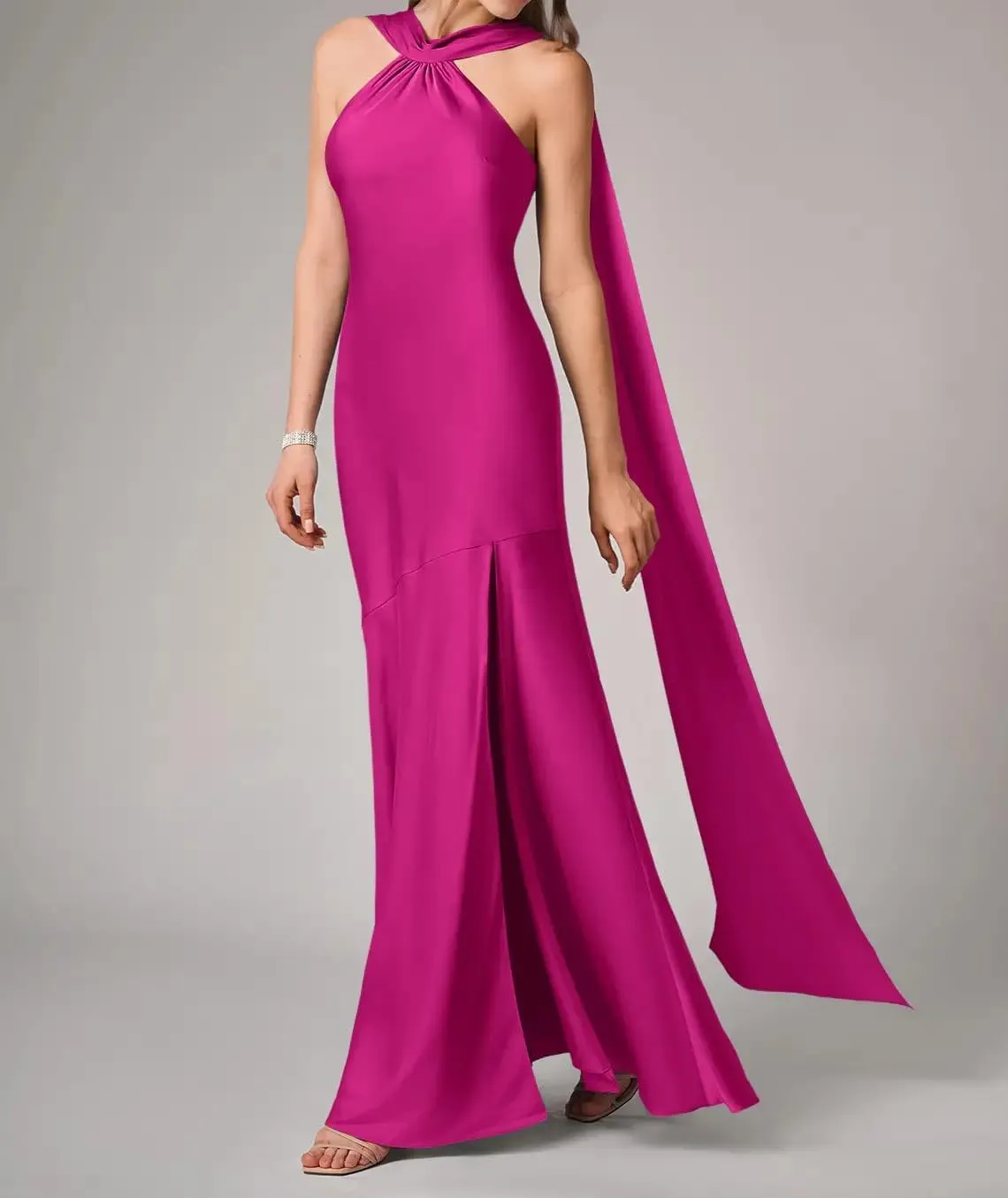 Women's Stretch Satin Halter Bridesmaid Dresses with Slit Mermaid Long Formal Evening Prom Gowns