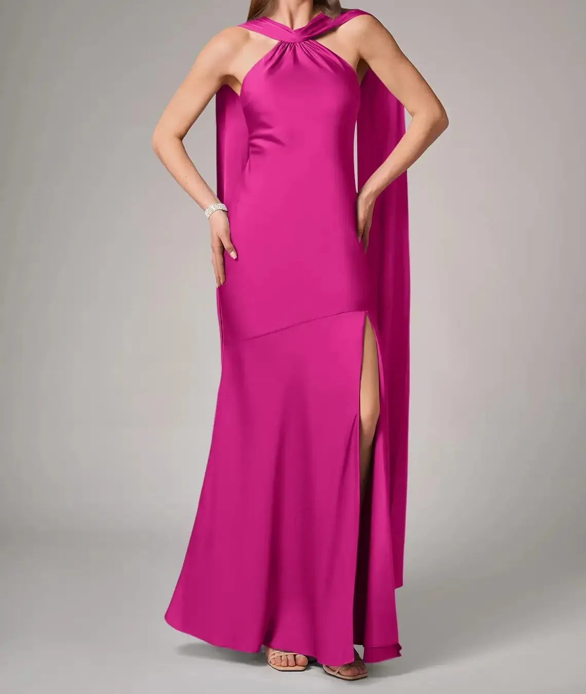 Women's Stretch Satin Halter Bridesmaid Dresses with Slit Mermaid Long Formal Evening Prom Gowns