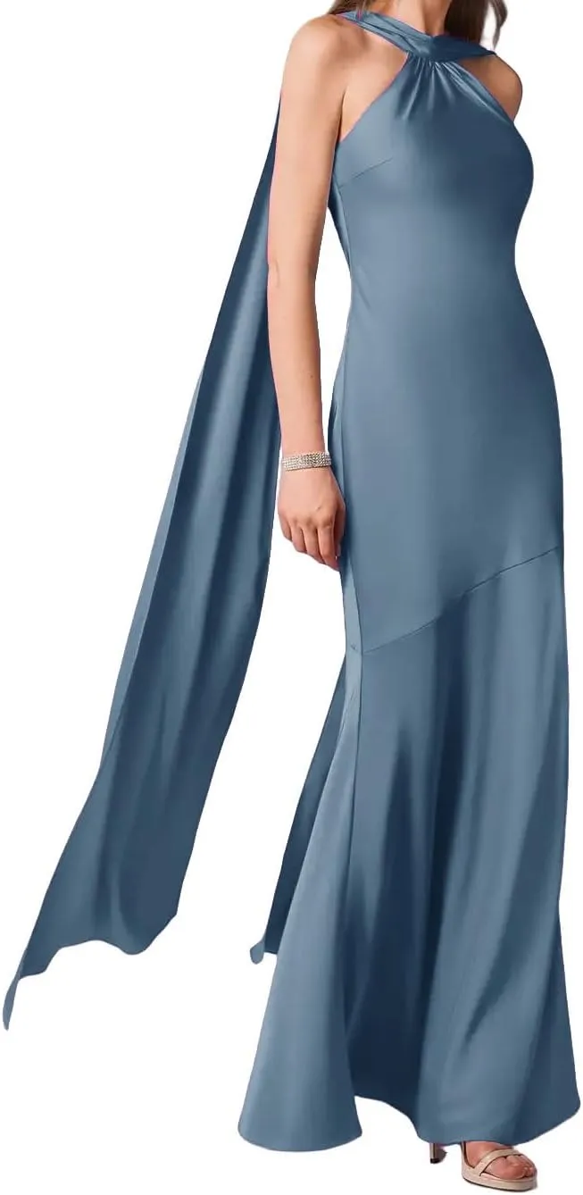 Women's Stretch Satin Halter Bridesmaid Dresses with Slit Mermaid Long Formal Evening Prom Gowns