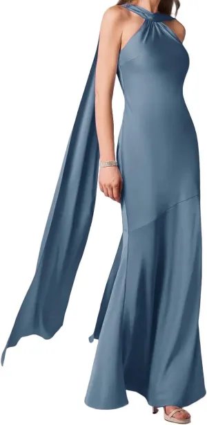 Women's Stretch Satin Halter Bridesmaid Dresses with Slit Mermaid Long Formal Evening Prom Gowns