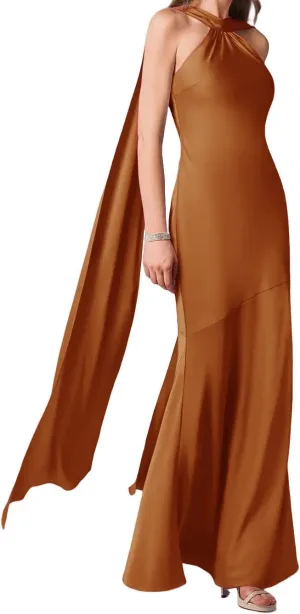 Women's Stretch Satin Halter Bridesmaid Dresses with Slit Mermaid Long Formal Evening Prom Gowns