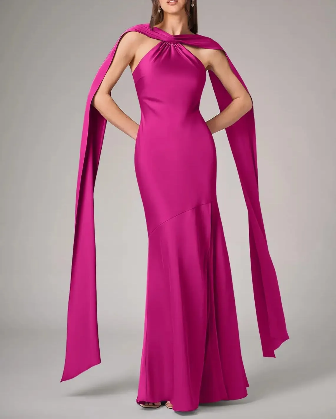 Women's Stretch Satin Halter Bridesmaid Dresses with Slit Mermaid Long Formal Evening Prom Gowns