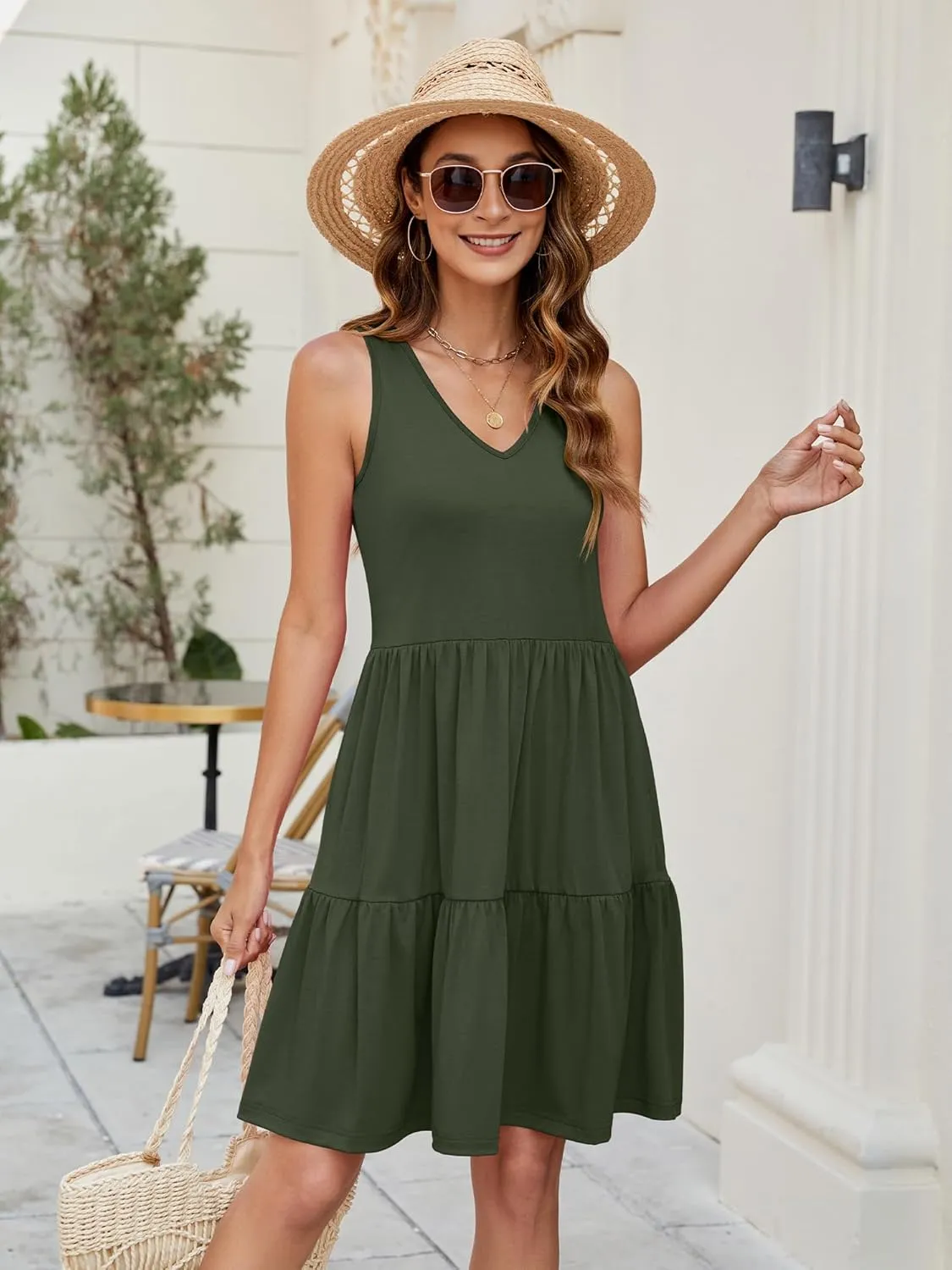 Womens Summer Dresses V Neck Tank Tiered Flowy Mini A Line Casual Sundress with Pockets