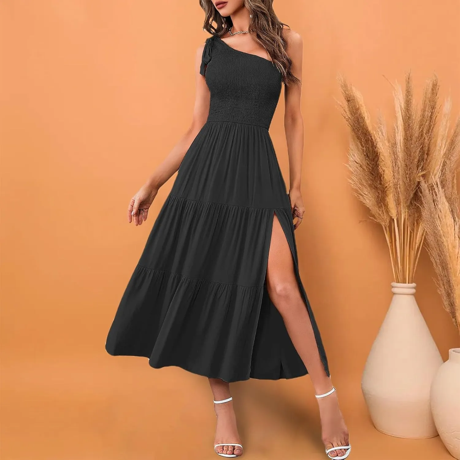 Women's Summer Elegant Party Dresses Sexy One Shoulder Sleeveless Knot Smocked Midi Dress Split Tiered Flowy Dresses
