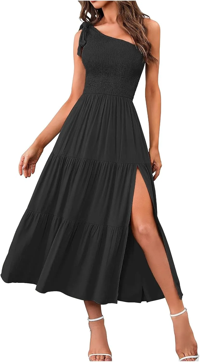 Women's Summer Elegant Party Dresses Sexy One Shoulder Sleeveless Knot Smocked Midi Dress Split Tiered Flowy Dresses