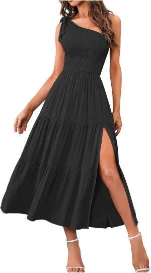 Women's Summer Elegant Party Dresses Sexy One Shoulder Sleeveless Knot Smocked Midi Dress Split Tiered Flowy Dresses