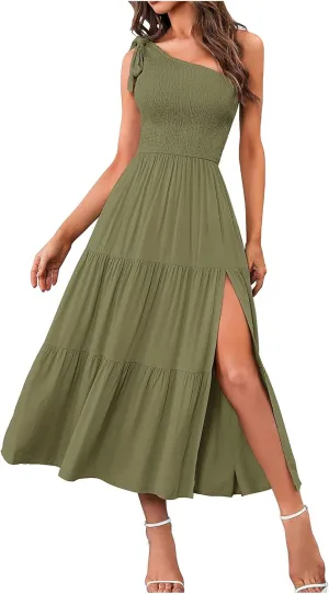 Women's Summer Elegant Party Dresses Sexy One Shoulder Sleeveless Knot Smocked Midi Dress Split Tiered Flowy Dresses