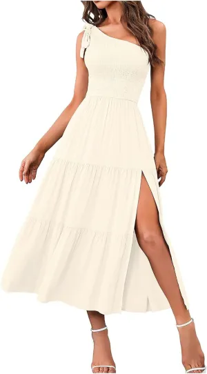 Women's Summer Elegant Party Dresses Sexy One Shoulder Sleeveless Knot Smocked Midi Dress Split Tiered Flowy Dresses